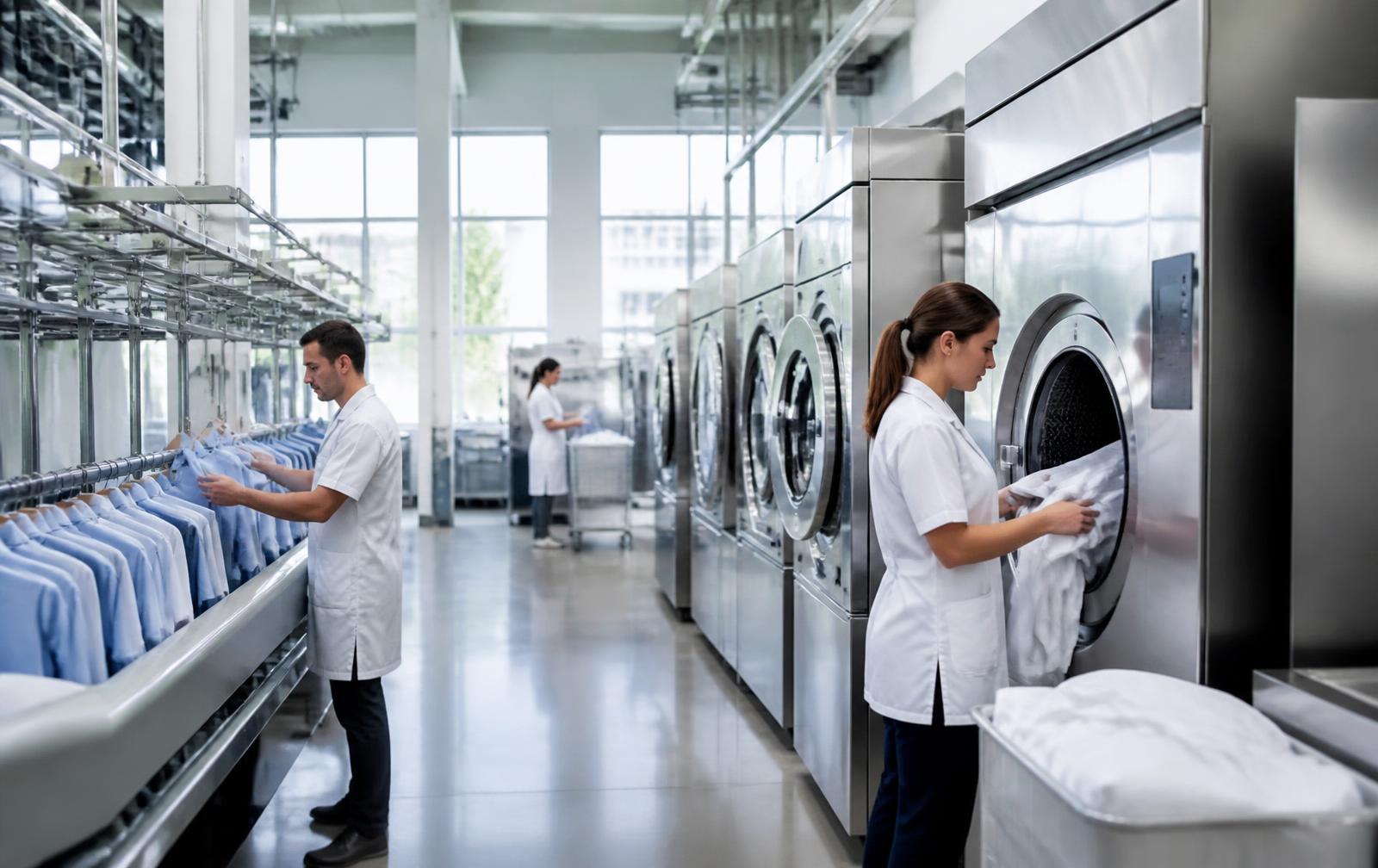Dry 2 Clean processing hub with staff operating industrial laundry equipment